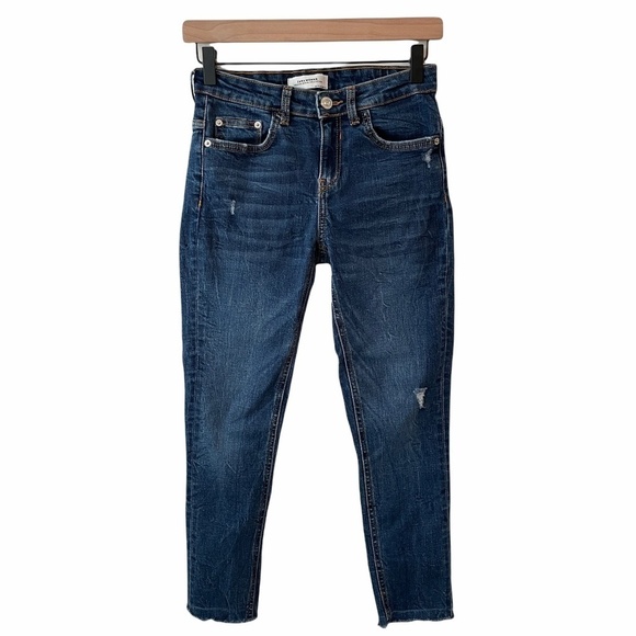 Zara Woman Lightly Distressed Stretchy Ankle Jeans Raw Hem Cutoff Denim 4 - Picture 1 of 6